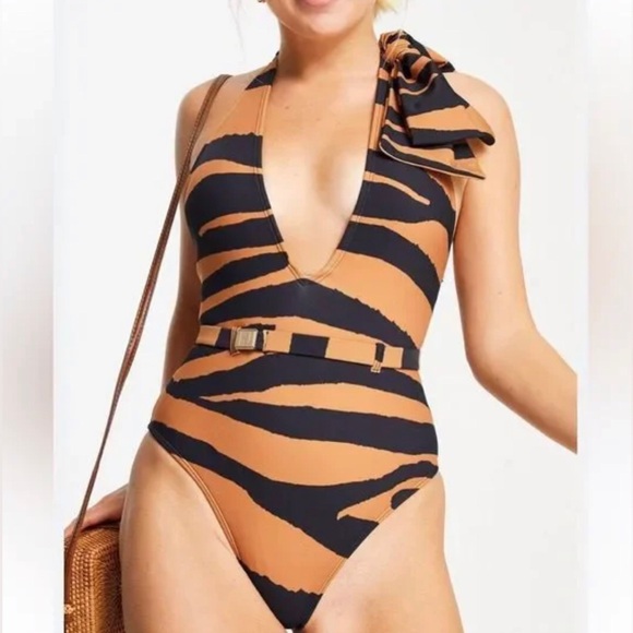 River Island Other - RIVER ISLAND RESORT Bow Halter Animal Print One Piece Swimsuit Size 14